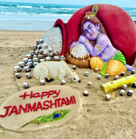 Sudarsan Pattnaik, Manas Sahoo Celebrate Janmashtami with Stunning Lord Krishna Sand Creations